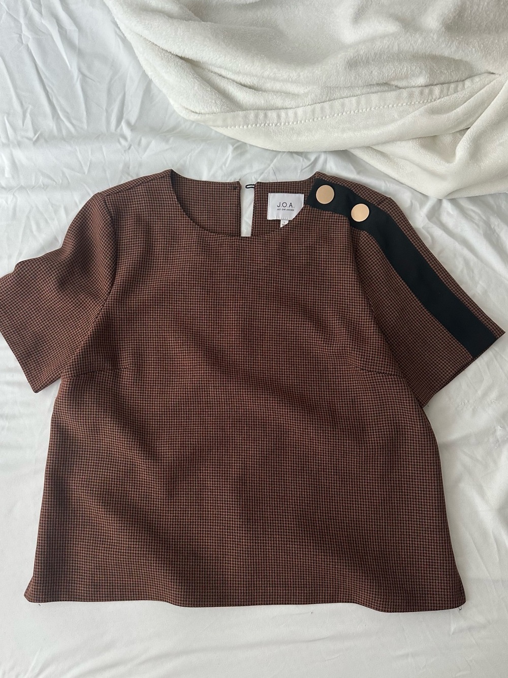 J.O.A. Brown Checked Short Sleeve Top with Shoulder Button Detail